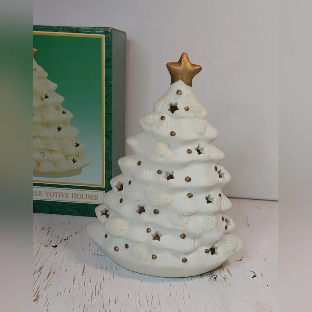 Vintage Matte Ceramic Christmas Tree Votive Holder White w Gold Star Decoration